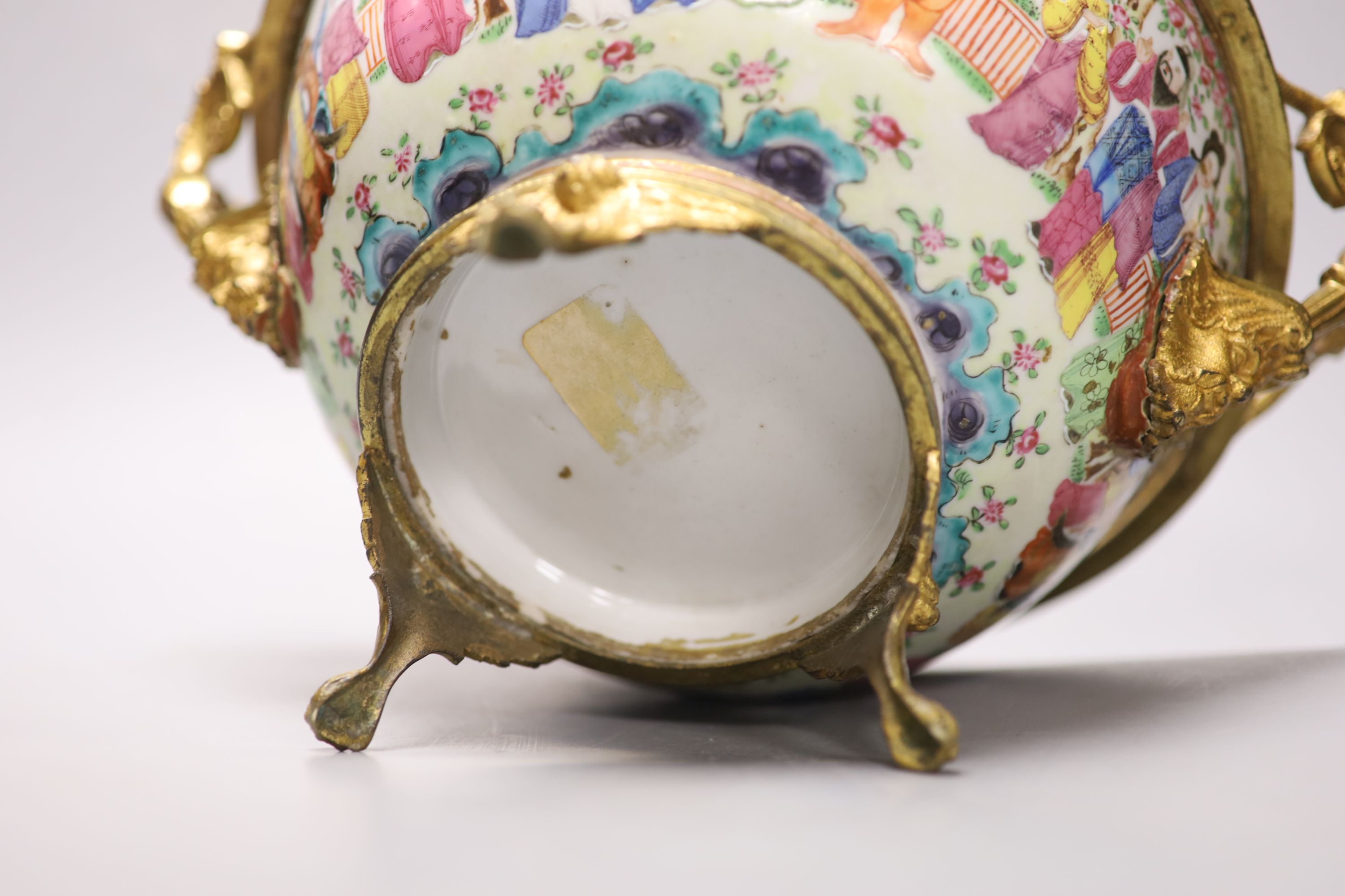 An early 19th century Chinese ormolu mounted famille rose bowl, 30cm handle to handle